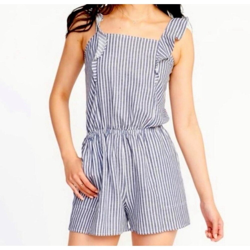 Old Navy Romper Womens Large Linen Shorts Striped Blue White Pockets Beach Coast